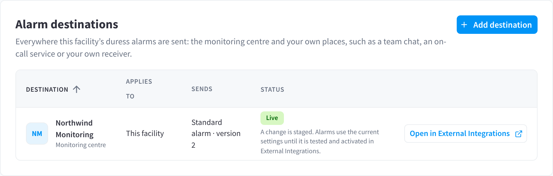 Karta Alarm destinations z połączeniem z centrum monitorowania pokazującym komunikat A change is staged pod stanem Live.