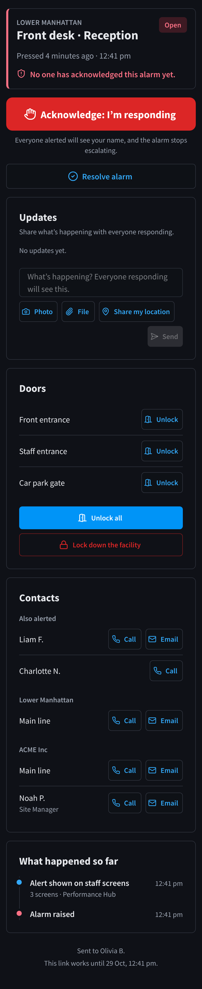 The alarm page on a phone for an open alarm: the facility, button and room, the time it was pressed and that no one has acknowledged it yet, the Acknowledge button, Resolve alarm, Updates, Doors with Unlock, Unlock all and Lock down the facility, Contacts with Call and Email buttons, What happened so far, and the footer