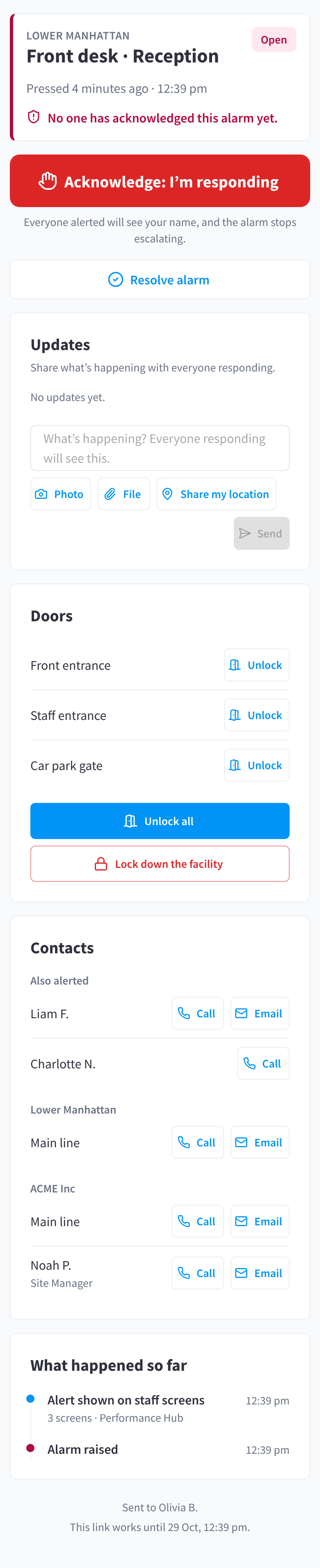 The alarm page on a phone for an open alarm: the facility, button and room, the time it was pressed and that no one has acknowledged it yet, the Acknowledge button, Resolve alarm, Updates, Doors with Unlock, Unlock all and Lock down the facility, Contacts with Call and Email buttons, What happened so far, and the footer