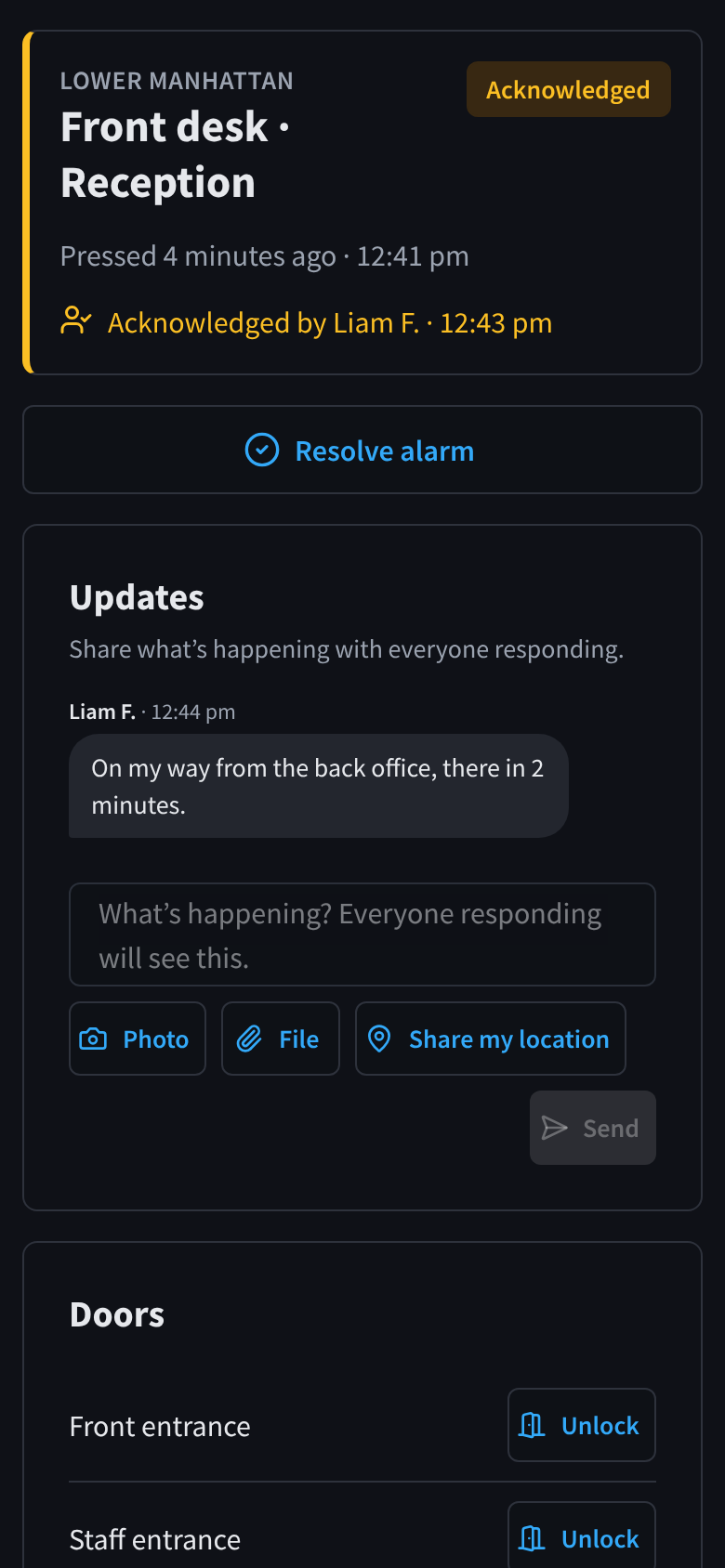 The status at the top of the alarm page once the alarm is acknowledged, with a text update posted below it