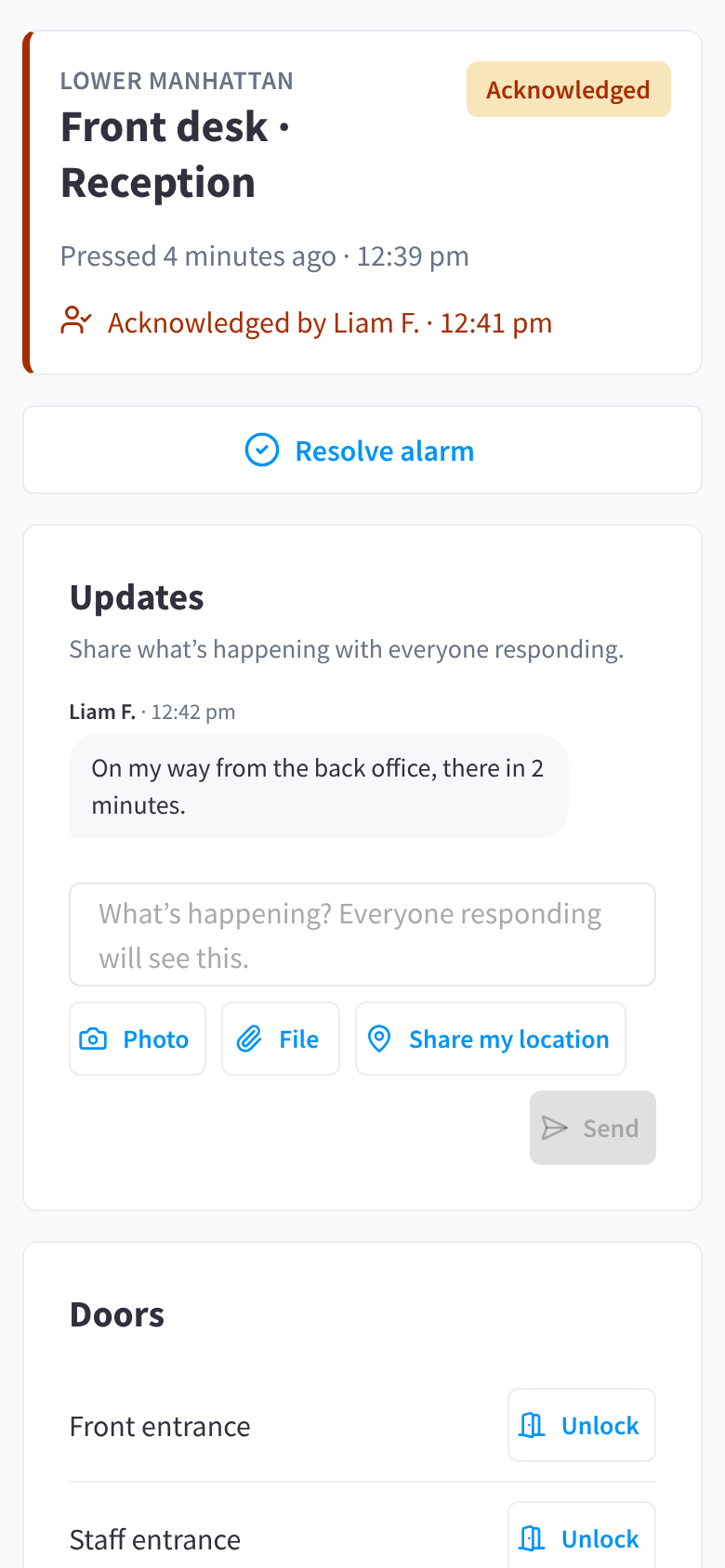 The status at the top of the alarm page once the alarm is acknowledged, with a text update posted below it