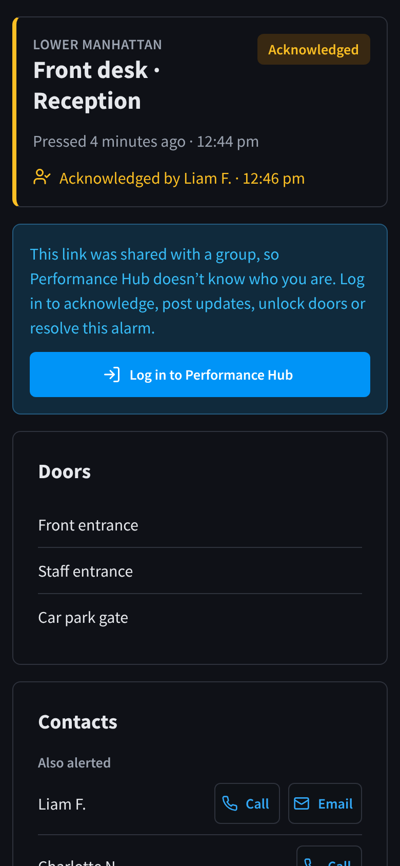 The alarm page opened from a group link, with the message that the link was shared with a group and a Log in to Performance Hub button, and doors listed without controls