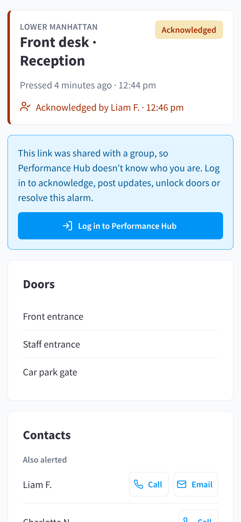 The alarm page opened from a group link, with the message that the link was shared with a group and a Log in to Performance Hub button, and doors listed without controls