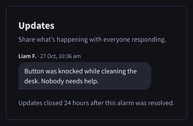 The Updates card after an alarm is resolved, saying updates closed 24 hours after the alarm was resolved