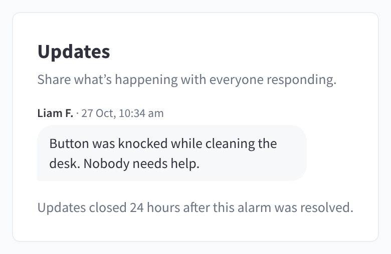 The Updates card after an alarm is resolved, saying updates closed 24 hours after the alarm was resolved