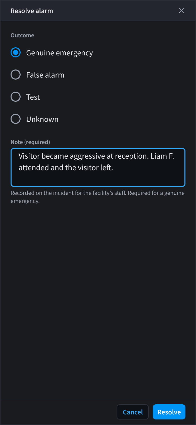 The Resolve alarm sheet on a phone, with Outcome set to Genuine emergency, a note filled in, and Cancel and Resolve