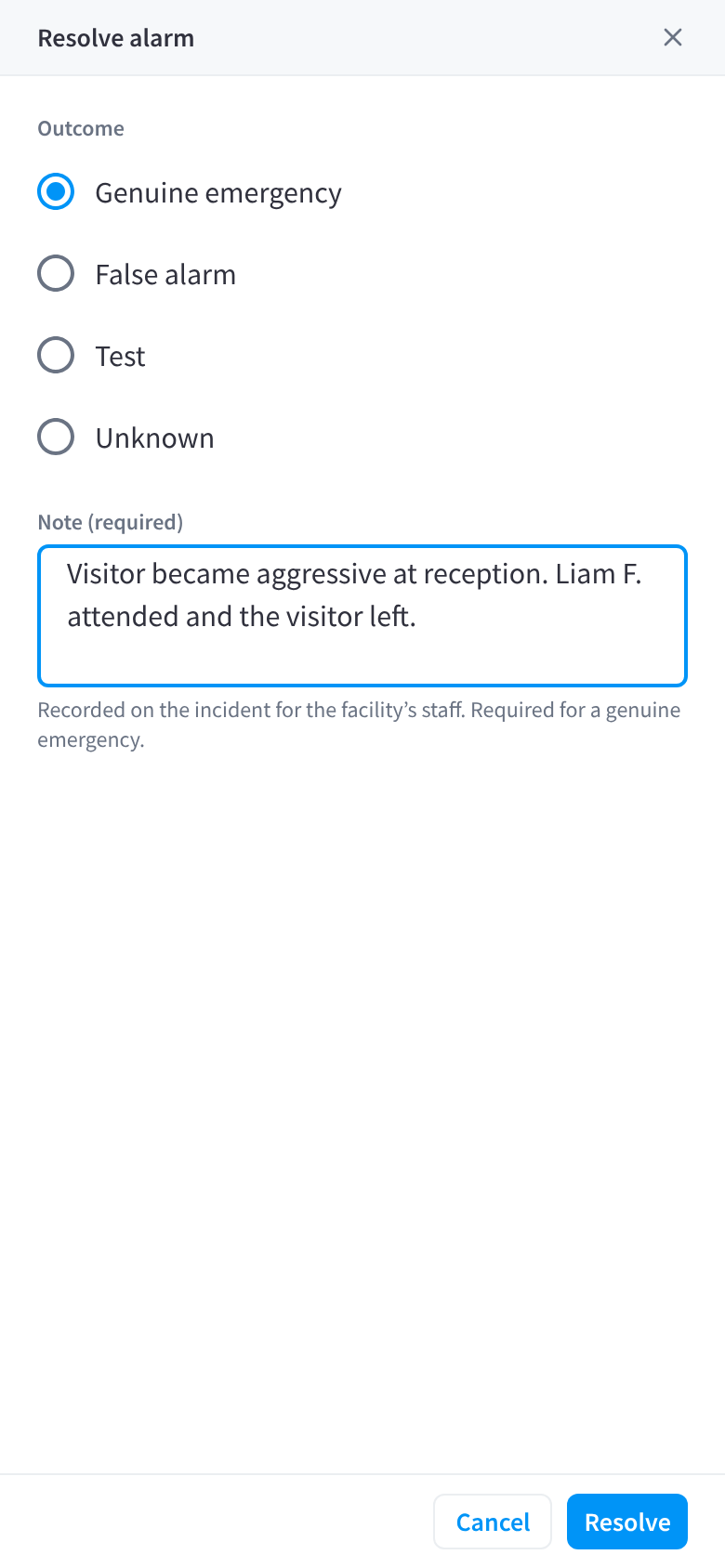 The Resolve alarm sheet on a phone, with Outcome set to Genuine emergency, a note filled in, and Cancel and Resolve