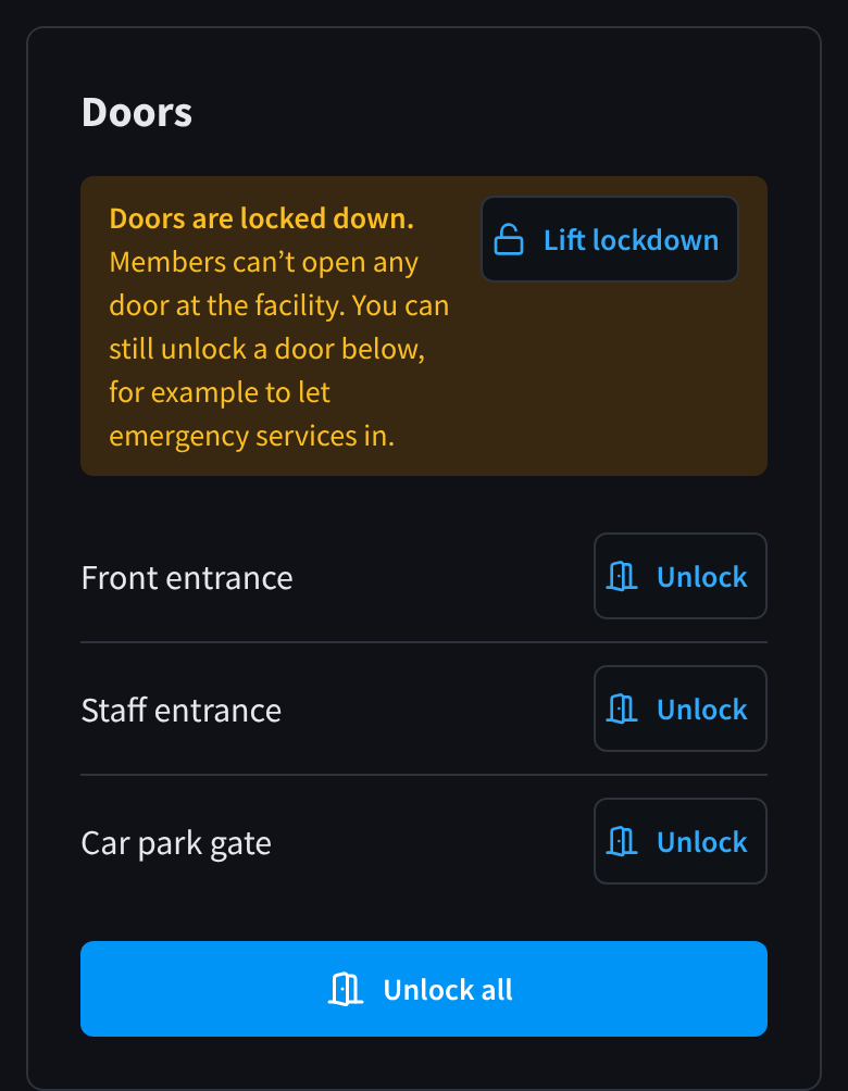 The Doors card during a lockdown, saying doors are locked down and you can still unlock a door to let emergency services in, with Lift lockdown, an Unlock button for each door and Unlock all