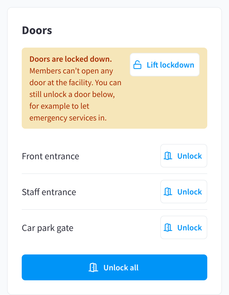 The Doors card during a lockdown, saying doors are locked down and you can still unlock a door to let emergency services in, with Lift lockdown, an Unlock button for each door and Unlock all