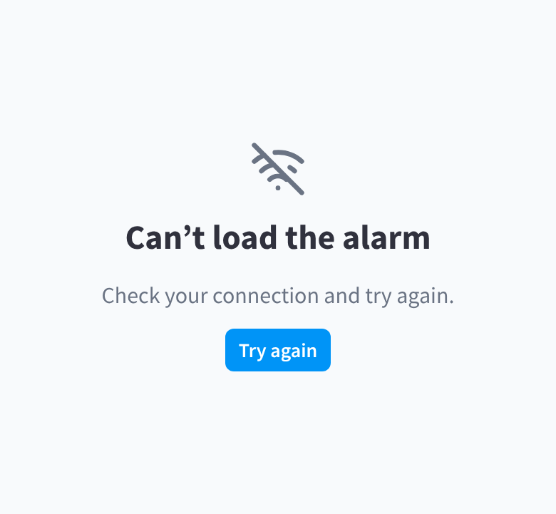 A notice saying the alarm can't be loaded, asking you to check your connection, with a Try again button