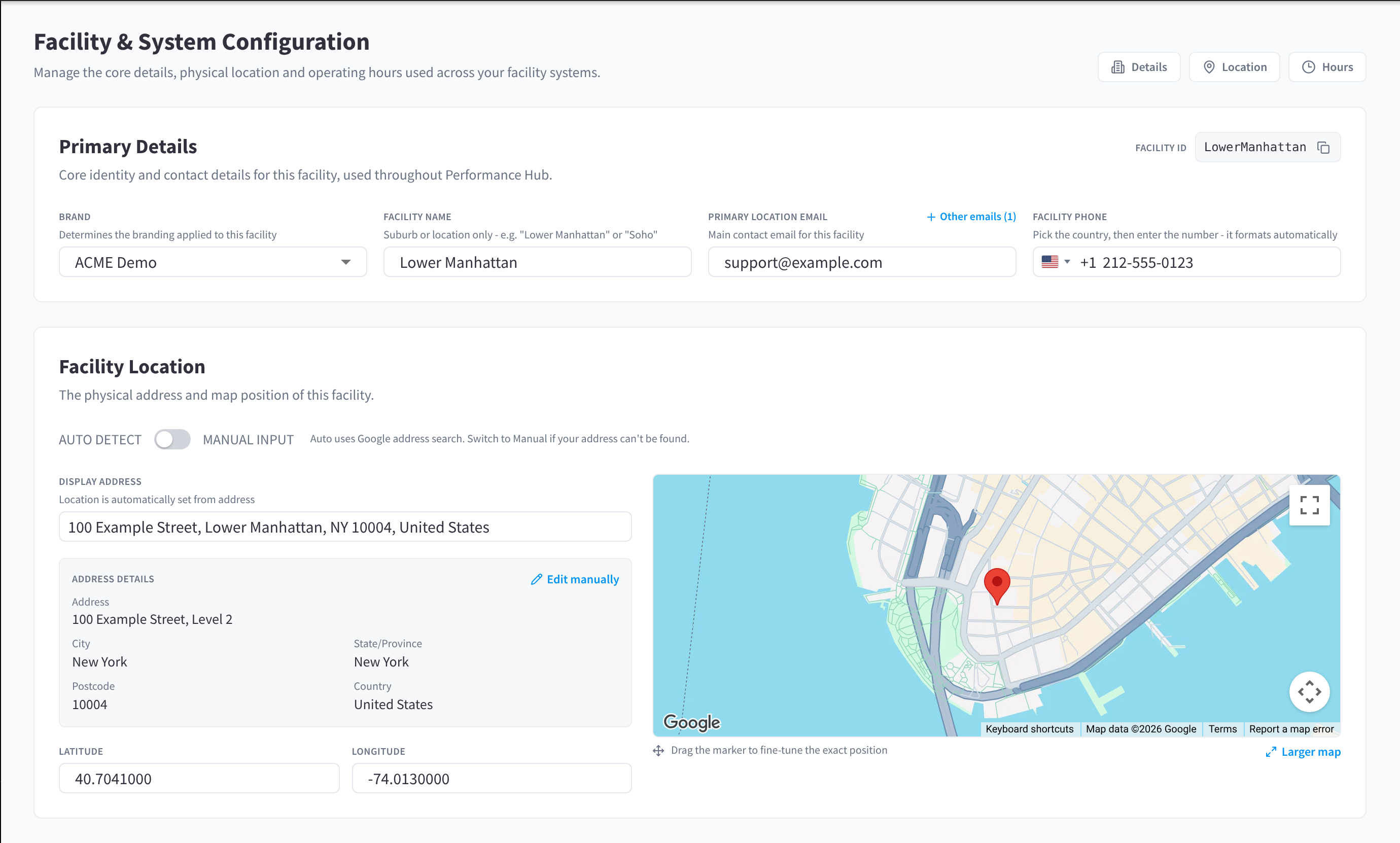 Facility & System Configuration for Lower Manhattan, with Primary Details and Facility Location, and the Details, Location and Hours buttons