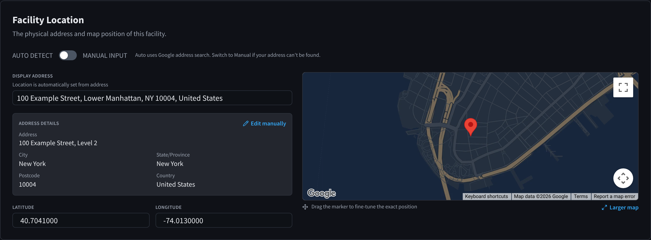 Facility Location with AUTO DETECT, the display address, the Address details card, latitude and longitude, and the map with its marker