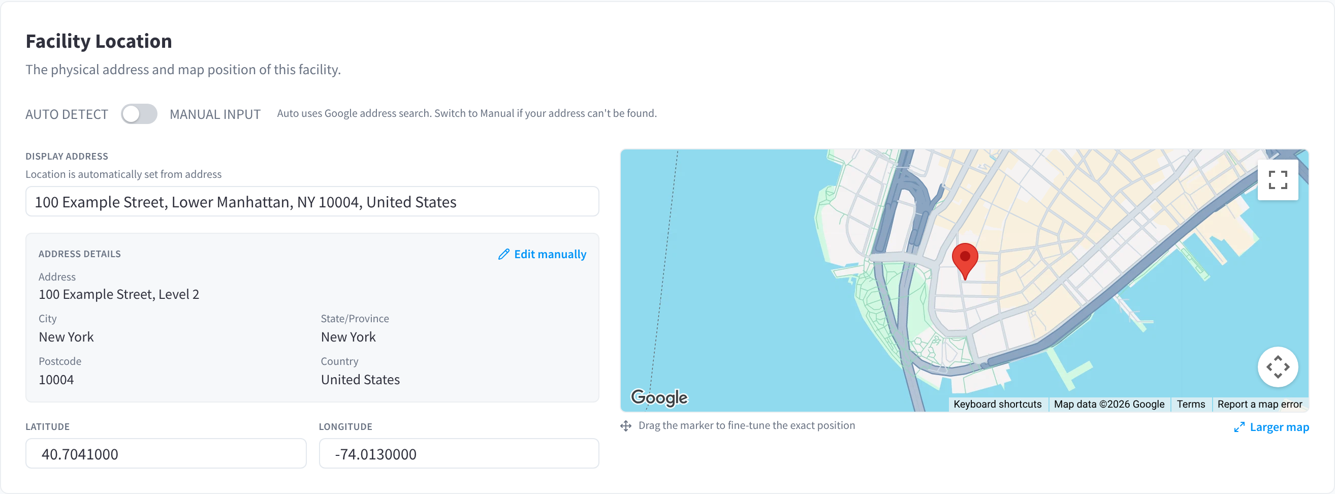 Facility Location with AUTO DETECT, the display address, the Address details card, latitude and longitude, and the map with its marker