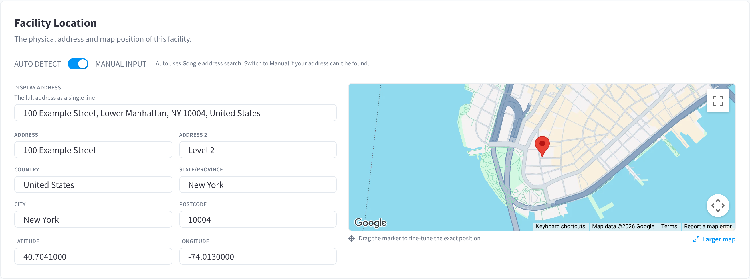Facility Location with MANUAL INPUT, with Display Address, Address, Address 2, Country, State/Province, City, Postcode, Latitude and Longitude