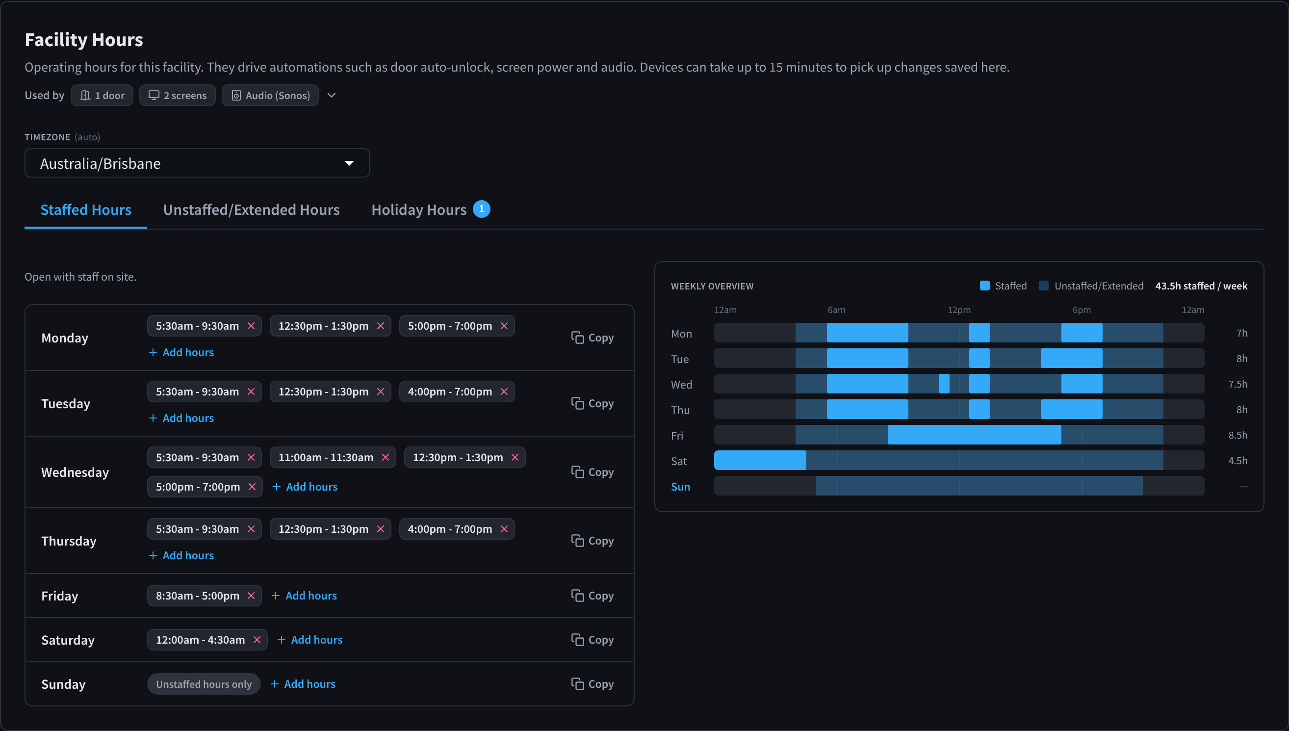 Facility Hours on the Staffed Hours tab, with the time zone, each day's hours, Copy buttons and the weekly overview
