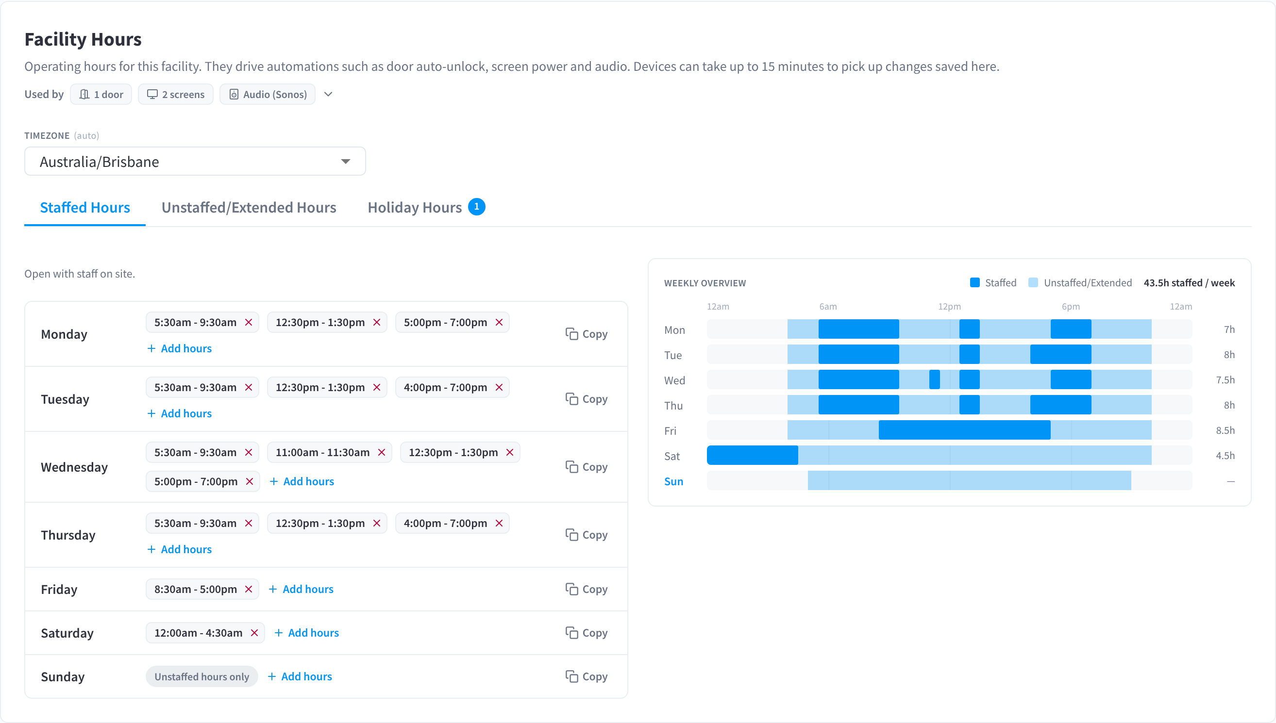 Facility Hours on the Staffed Hours tab, with the time zone, each day's hours, Copy buttons and the weekly overview