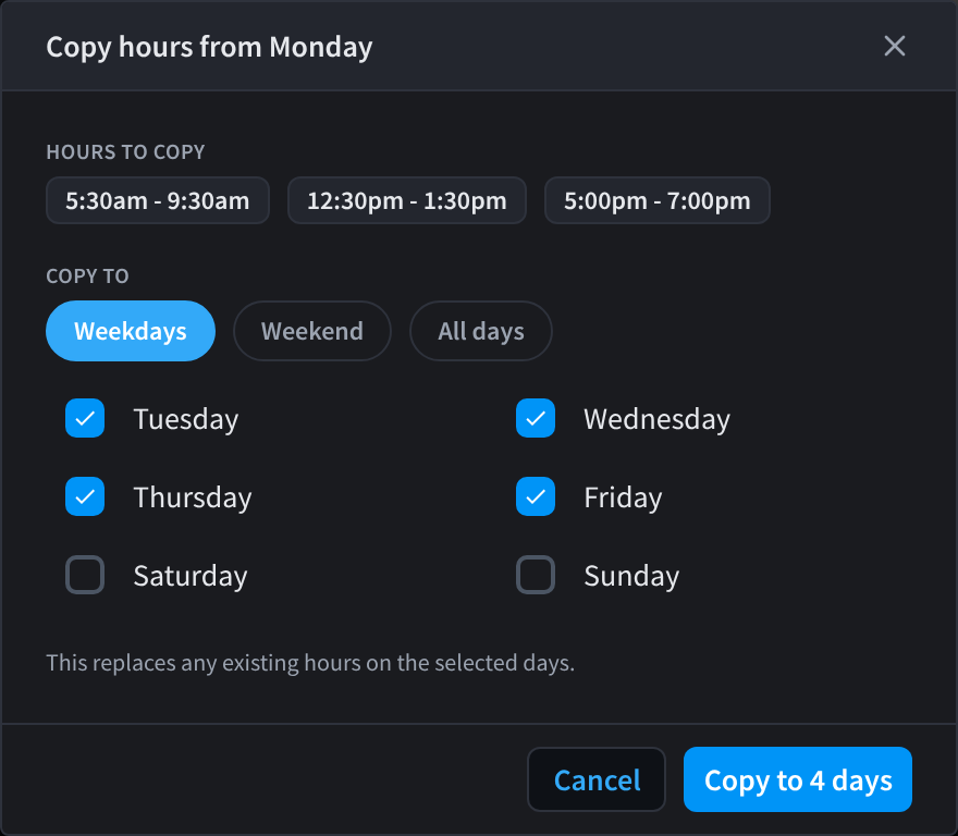 The Copy hours from Monday dialog, with HOURS TO COPY, COPY TO with Weekdays selected, and Tuesday to Friday ticked