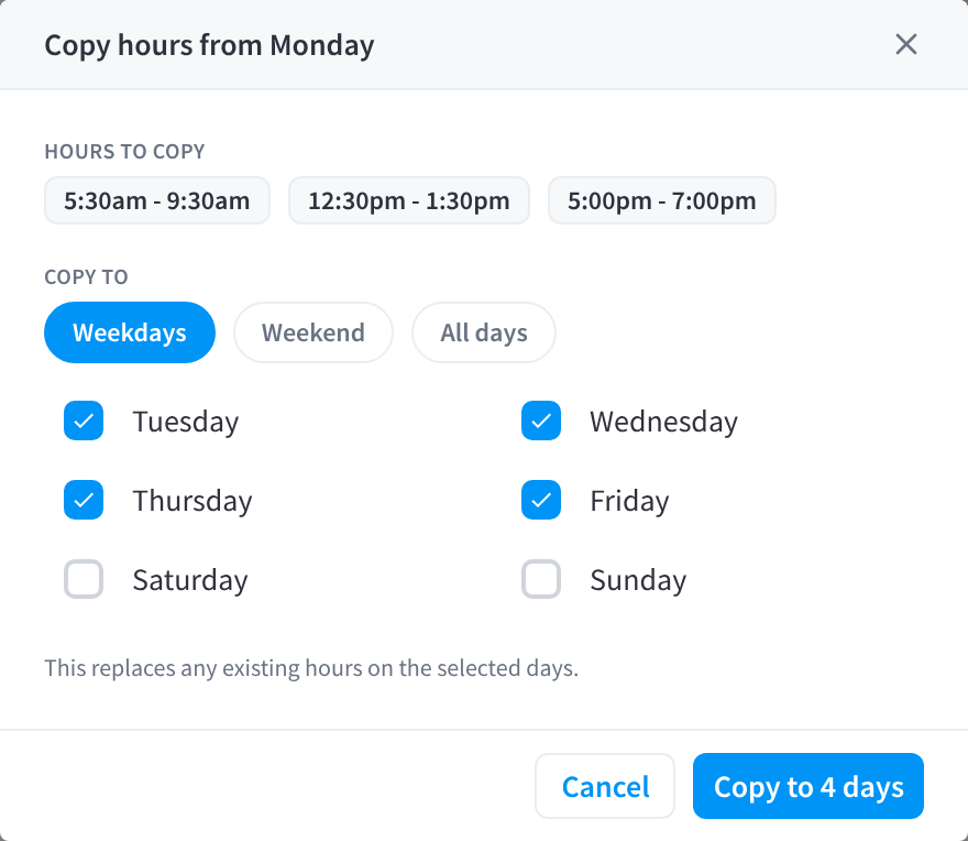 The Copy hours from Monday dialog, with HOURS TO COPY, COPY TO with Weekdays selected, and Tuesday to Friday ticked