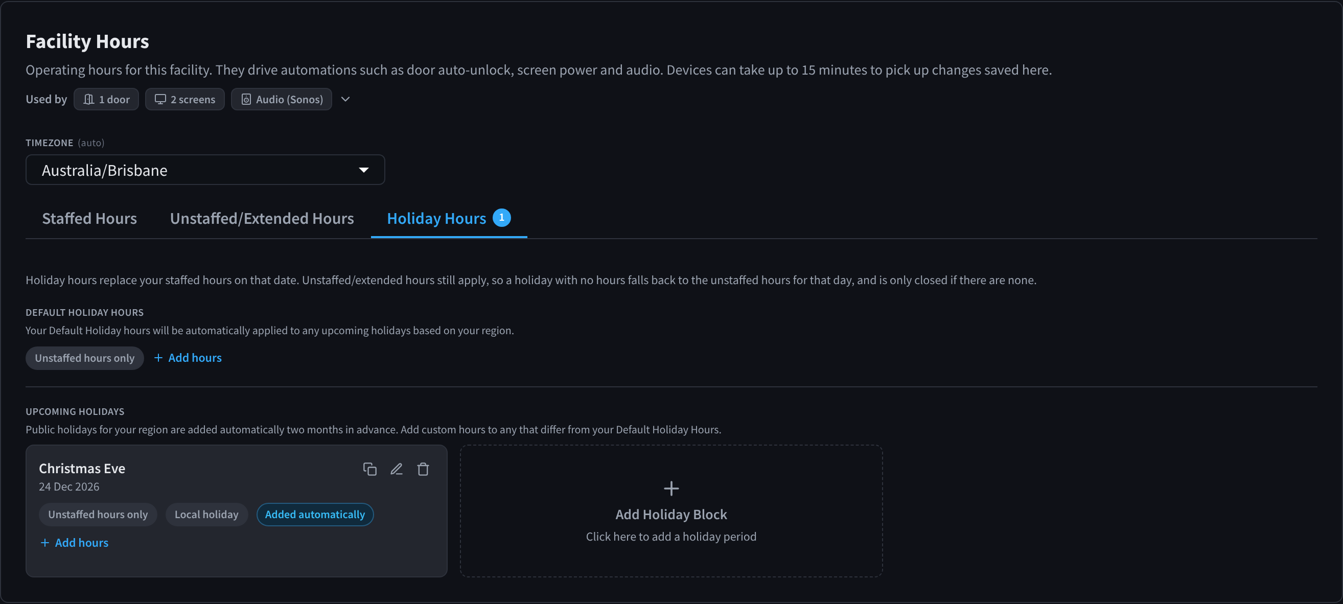 The Holiday Hours tab, with Default Holiday Hours, and an upcoming public holiday next to the Add Holiday Block card
