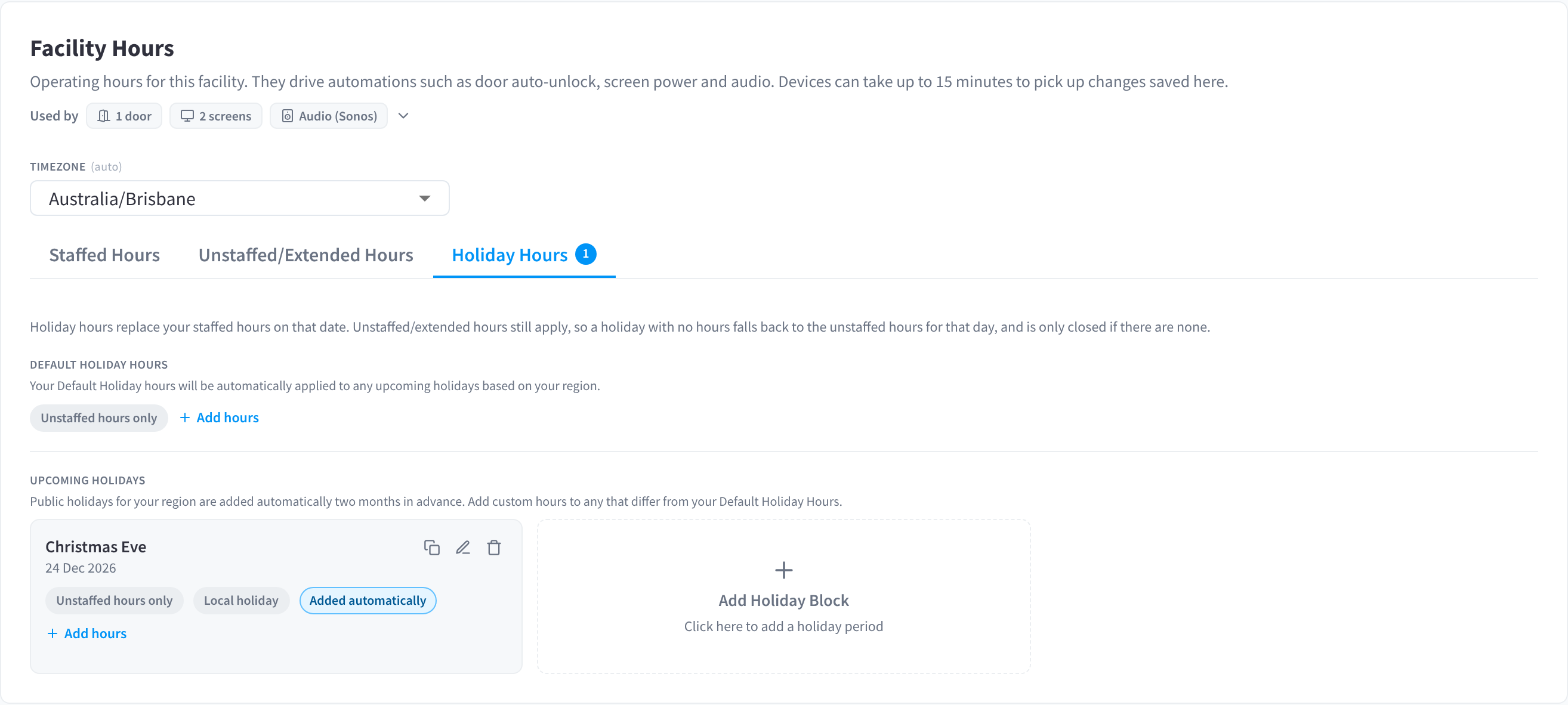 The Holiday Hours tab, with Default Holiday Hours, and an upcoming public holiday next to the Add Holiday Block card