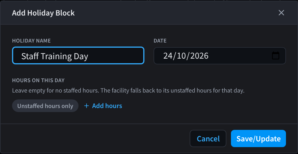 The Add Holiday Block dialog, with Holiday Name, Date and Hours on this day
