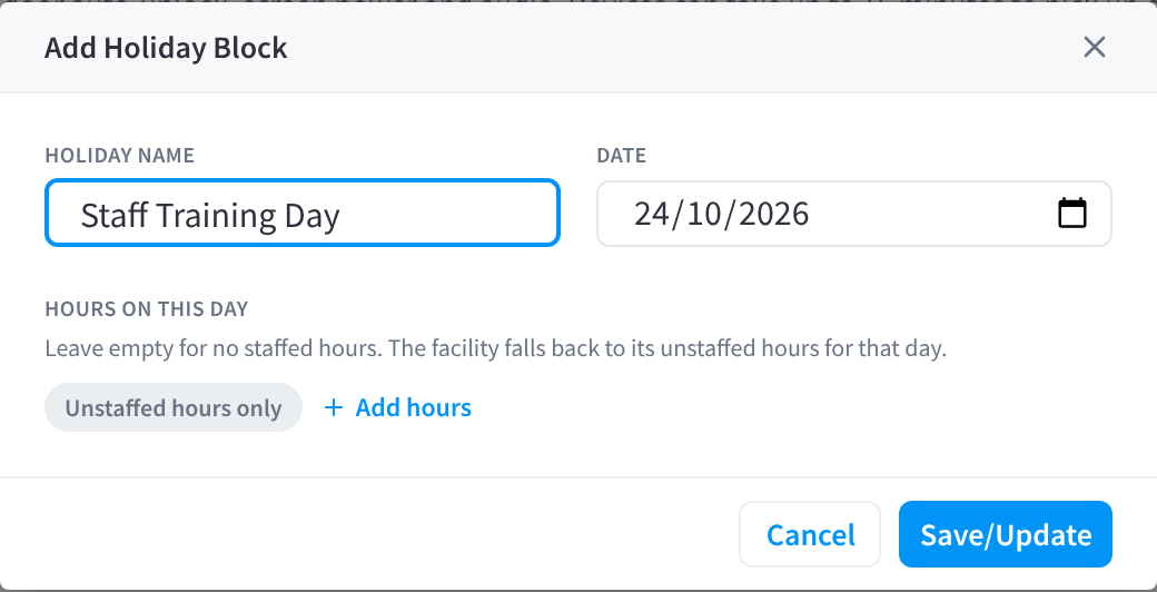 The Add Holiday Block dialog, with Holiday Name, Date and Hours on this day