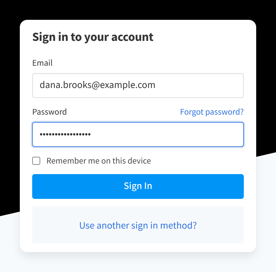 Signing in with an email address and password, with the Forgot password? link, the Remember me on this device option and the Sign In button