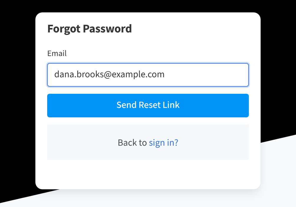 The Forgot Password page, with an email address entered and the Send Reset Link button