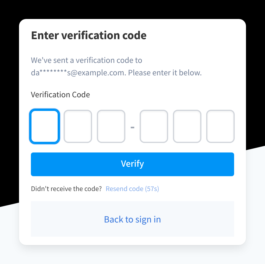 The Enter verification code page, with six boxes for the code, the Verify button and the Resend code link