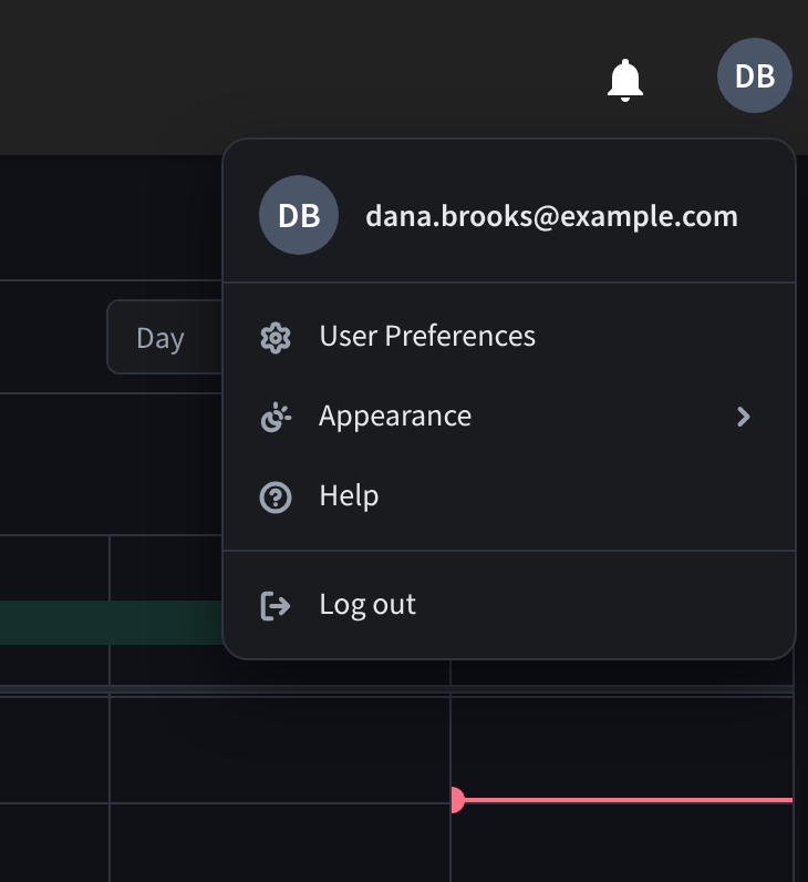 The profile menu open at the top right, with a little of the page below and to its left