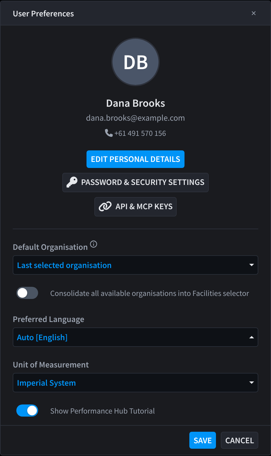 The User Preferences dialog for Dana Brooks, with Edit Personal Details, Password & Security Settings and API & MCP Keys, then the preference settings