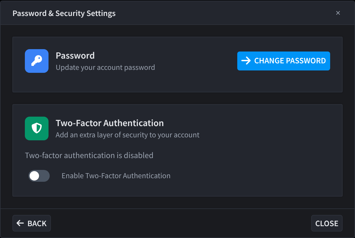 Password & Security Settings, with Change Password and the Enable Two-Factor Authentication switch