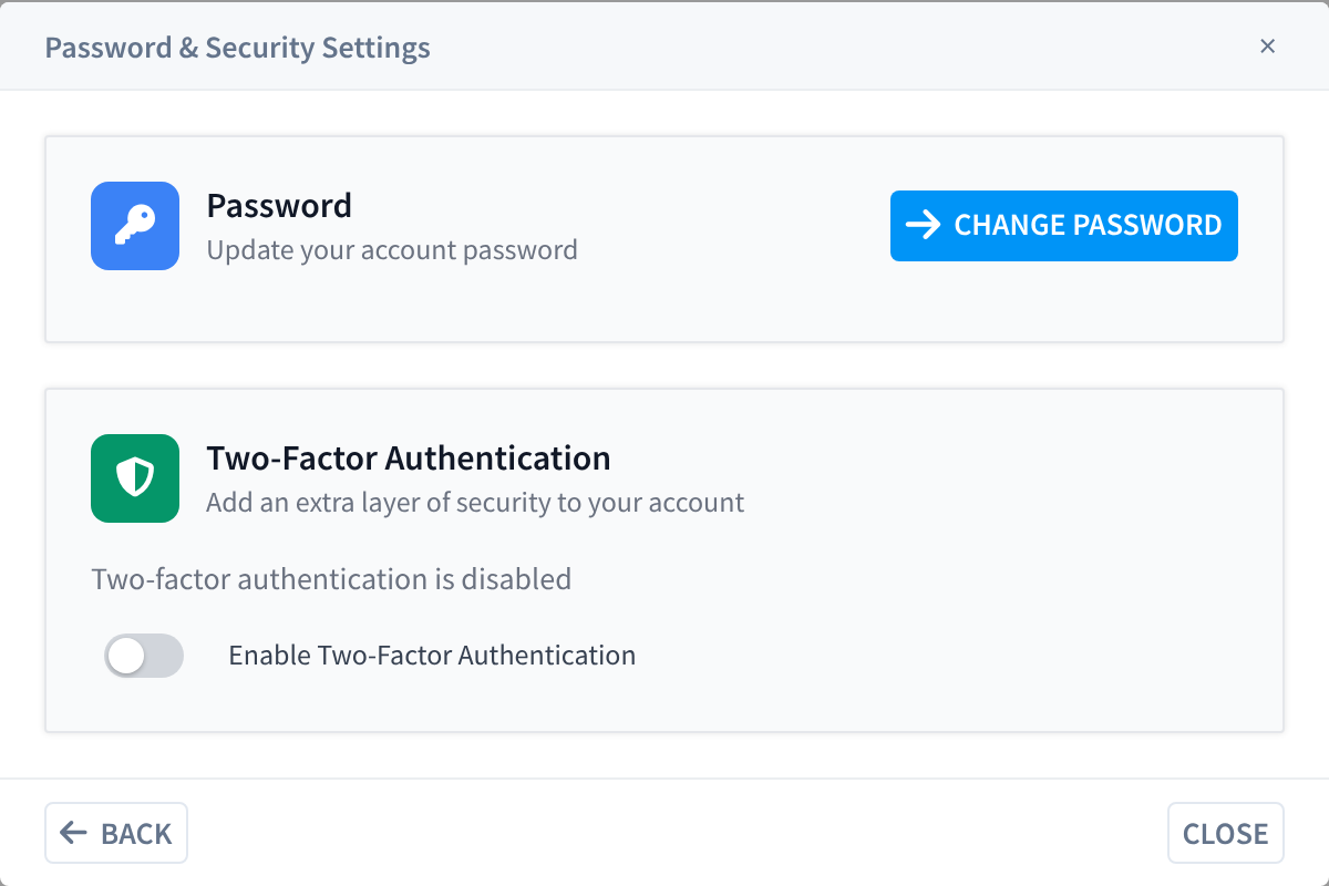 Password & Security Settings, with Change Password and the Enable Two-Factor Authentication switch