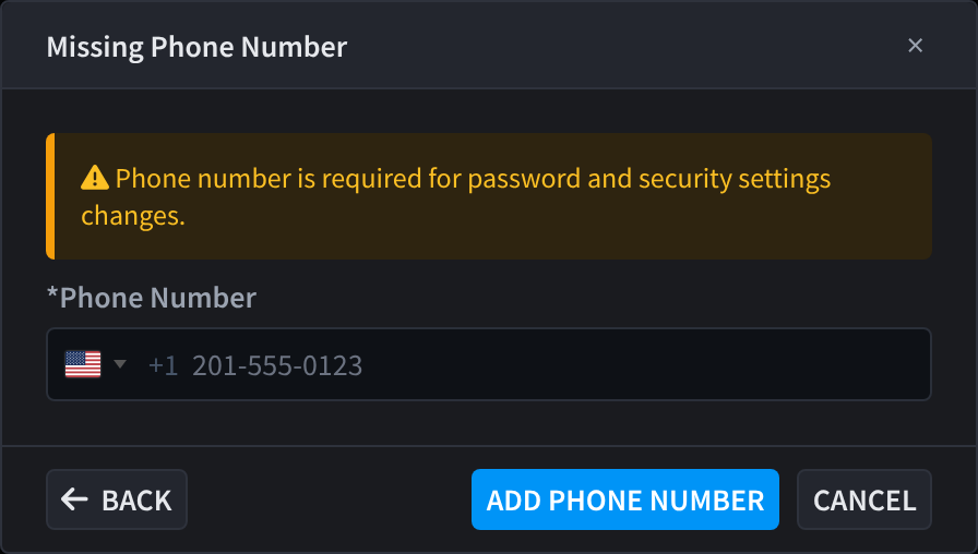 The Missing Phone Number dialog, with a Phone Number field and the Add Phone Number button