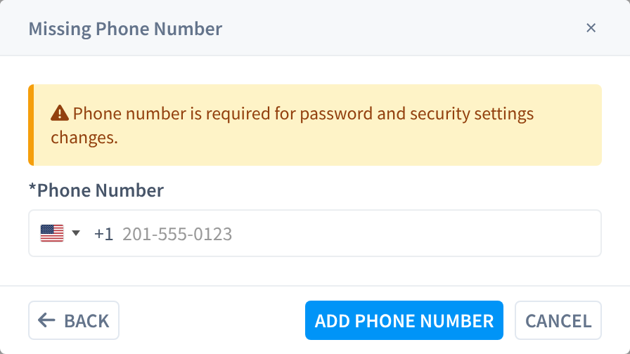 The Missing Phone Number dialog, with a Phone Number field and the Add Phone Number button