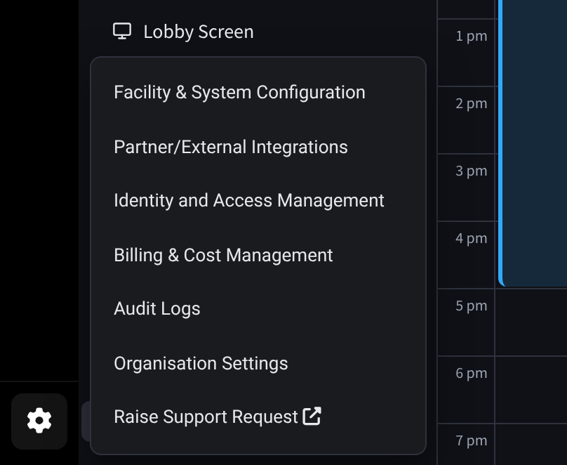 The settings menu open next to the cog, listing the settings pages