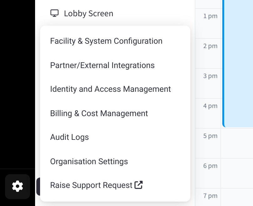 The settings menu open next to the cog, listing the settings pages