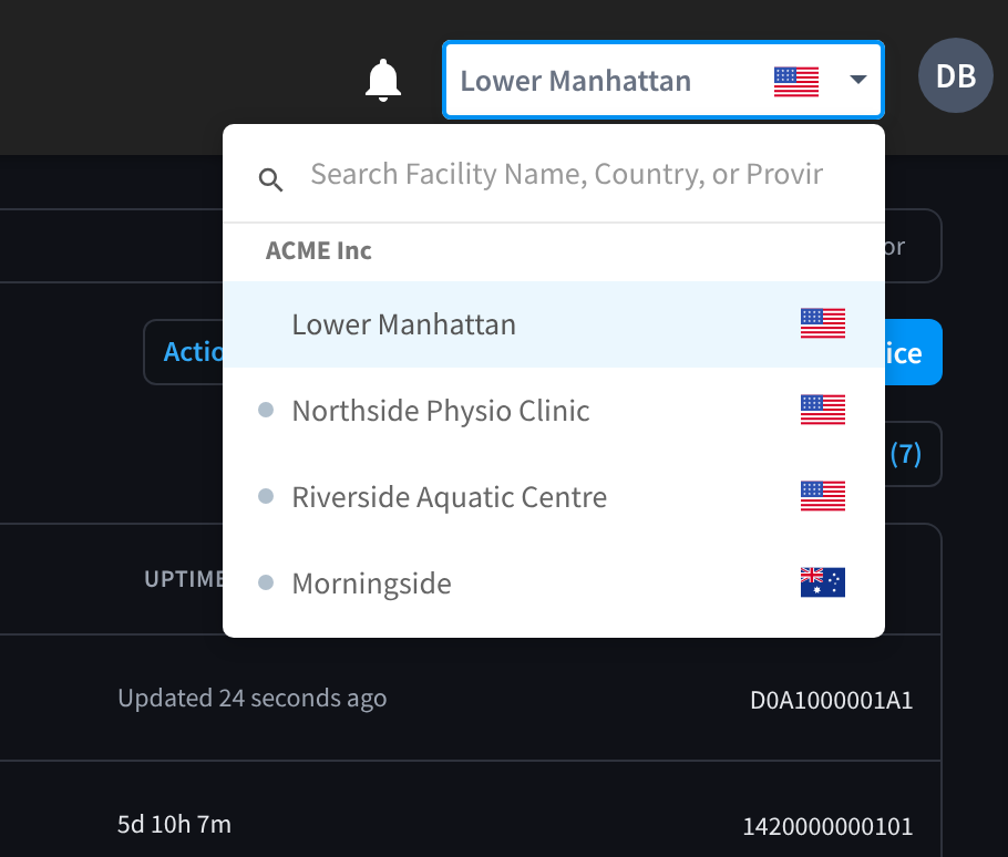 The facility selector open, with a search box and the facilities Lower Manhattan, Morningside, Northside Physio Clinic and Riverside Aquatic Centre