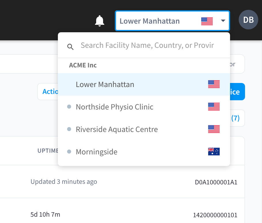 The facility selector open, with a search box and the facilities Lower Manhattan, Morningside, Northside Physio Clinic and Riverside Aquatic Centre