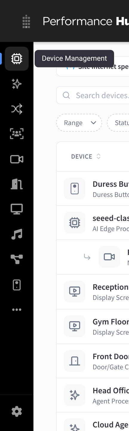 The main menu down the left of the page, with one icon per module and the settings cog at the bottom