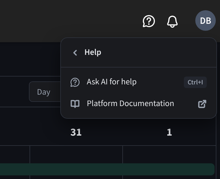 The profile menu's Help submenu, with Ask AI for help and its Ctrl+I shortcut, and Platform Documentation