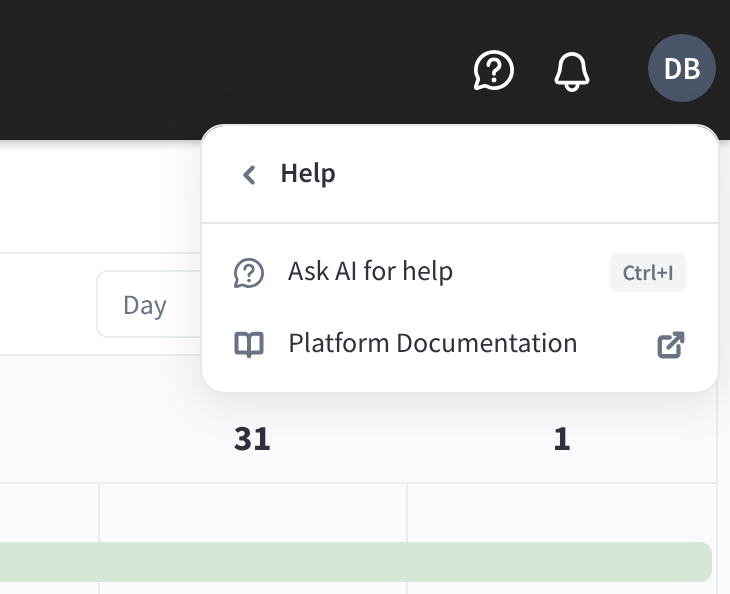 The profile menu's Help submenu, with Ask AI for help and its Ctrl+I shortcut, and Platform Documentation