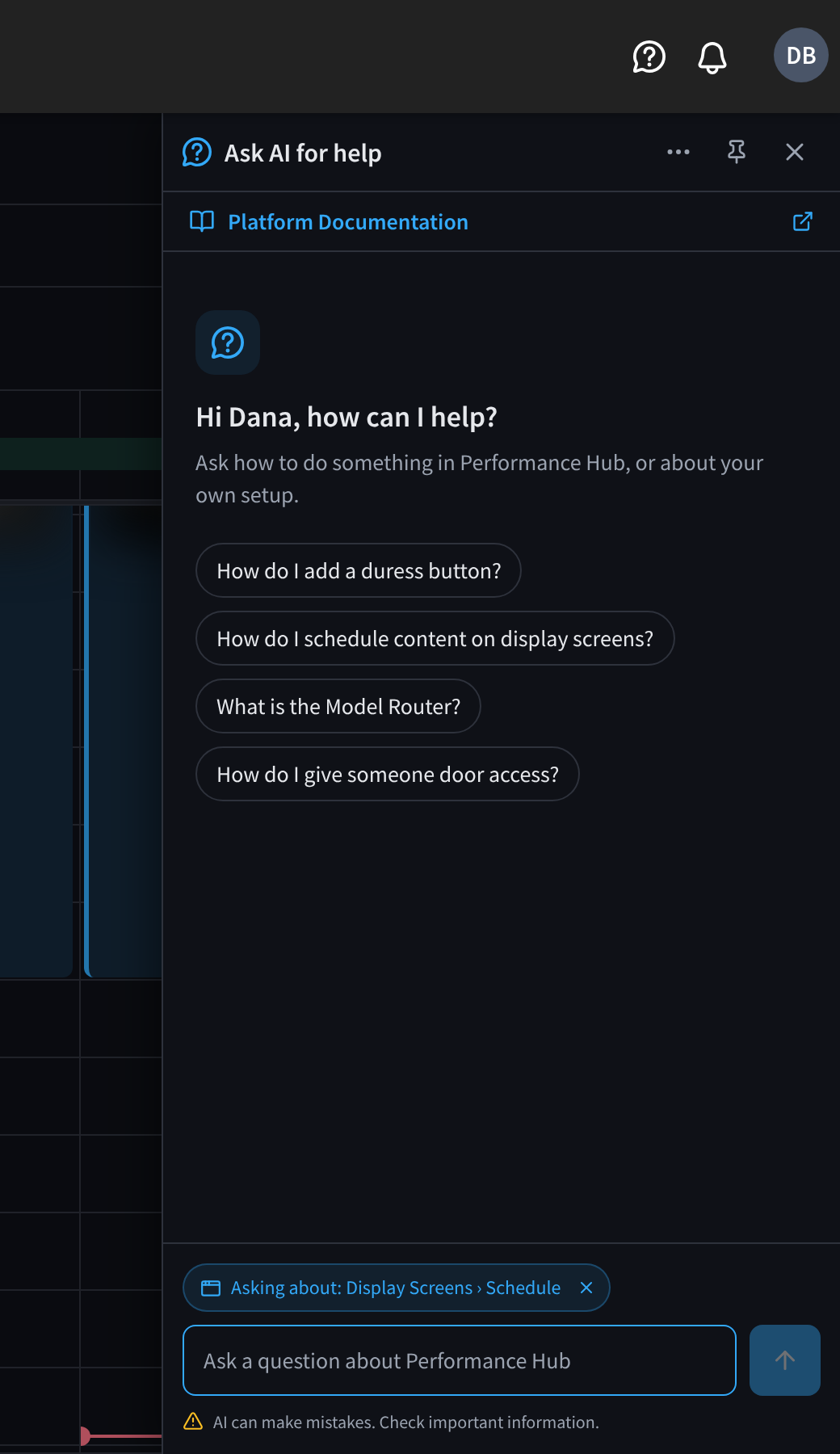 The Ask AI for help panel open beside a Display Screens schedule, with the greeting, four suggested questions, the Asking about: Display Screens › Schedule chip and the question box
