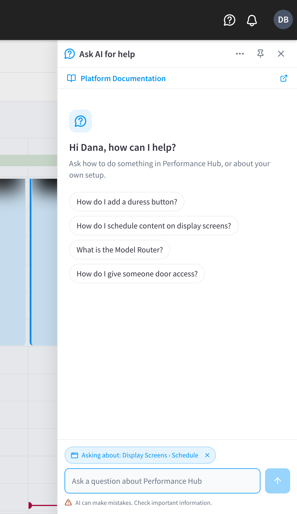 The Ask AI for help panel open beside a Display Screens schedule, with the greeting, four suggested questions, the Asking about: Display Screens › Schedule chip and the question box