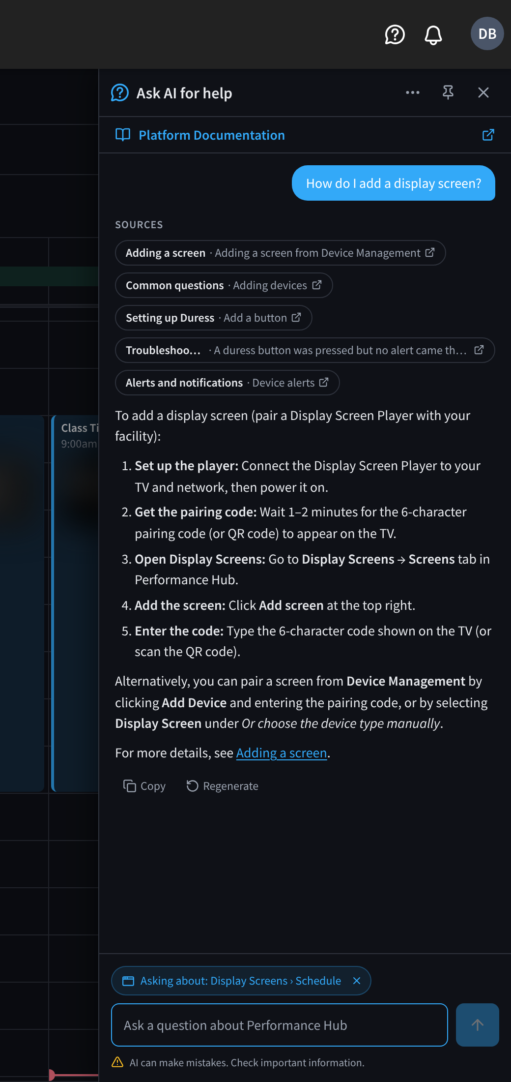 An answer to How do I add a display screen?, with Sources above it, numbered steps, a link to Adding a screen, and Copy and Regenerate under it