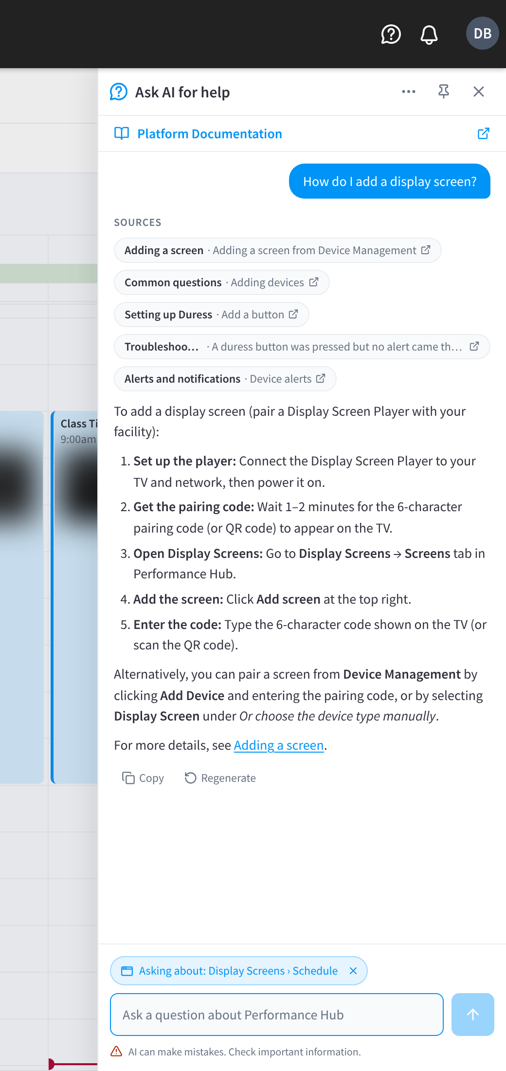 An answer to How do I add a display screen?, with Sources above it, numbered steps, a link to Adding a screen, and Copy and Regenerate under it