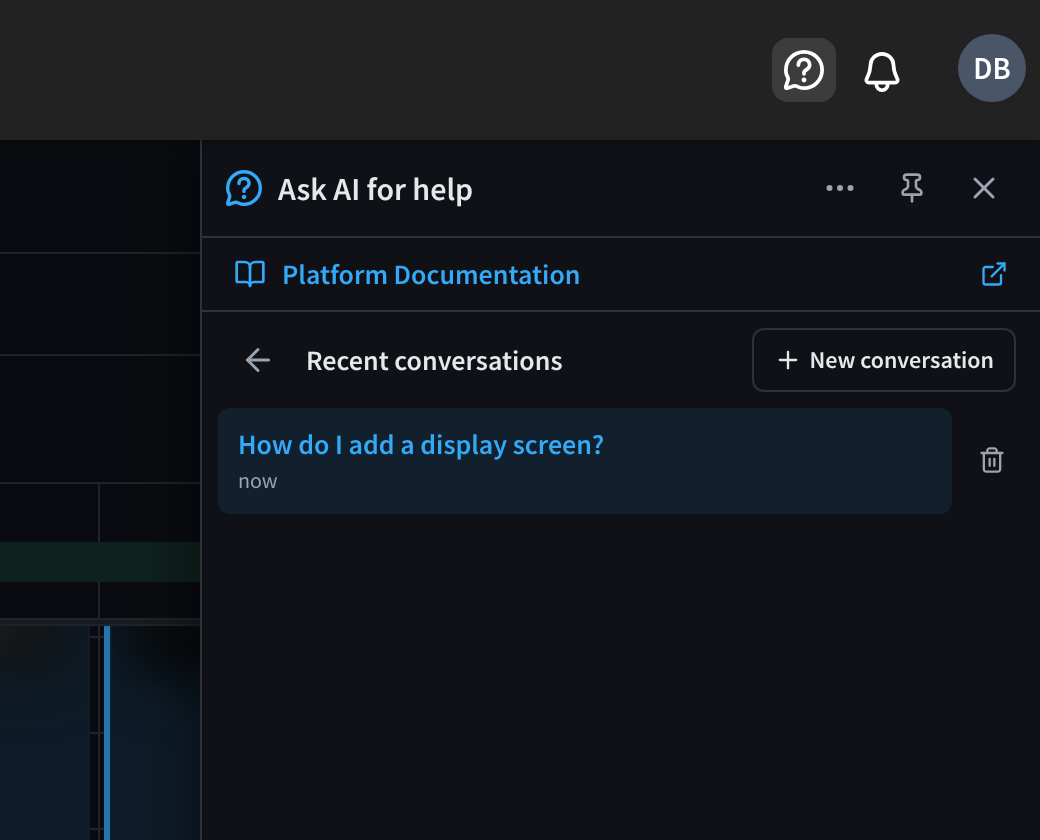 Recent conversations, with one conversation, How do I add a display screen?, used now, its delete icon, and New conversation