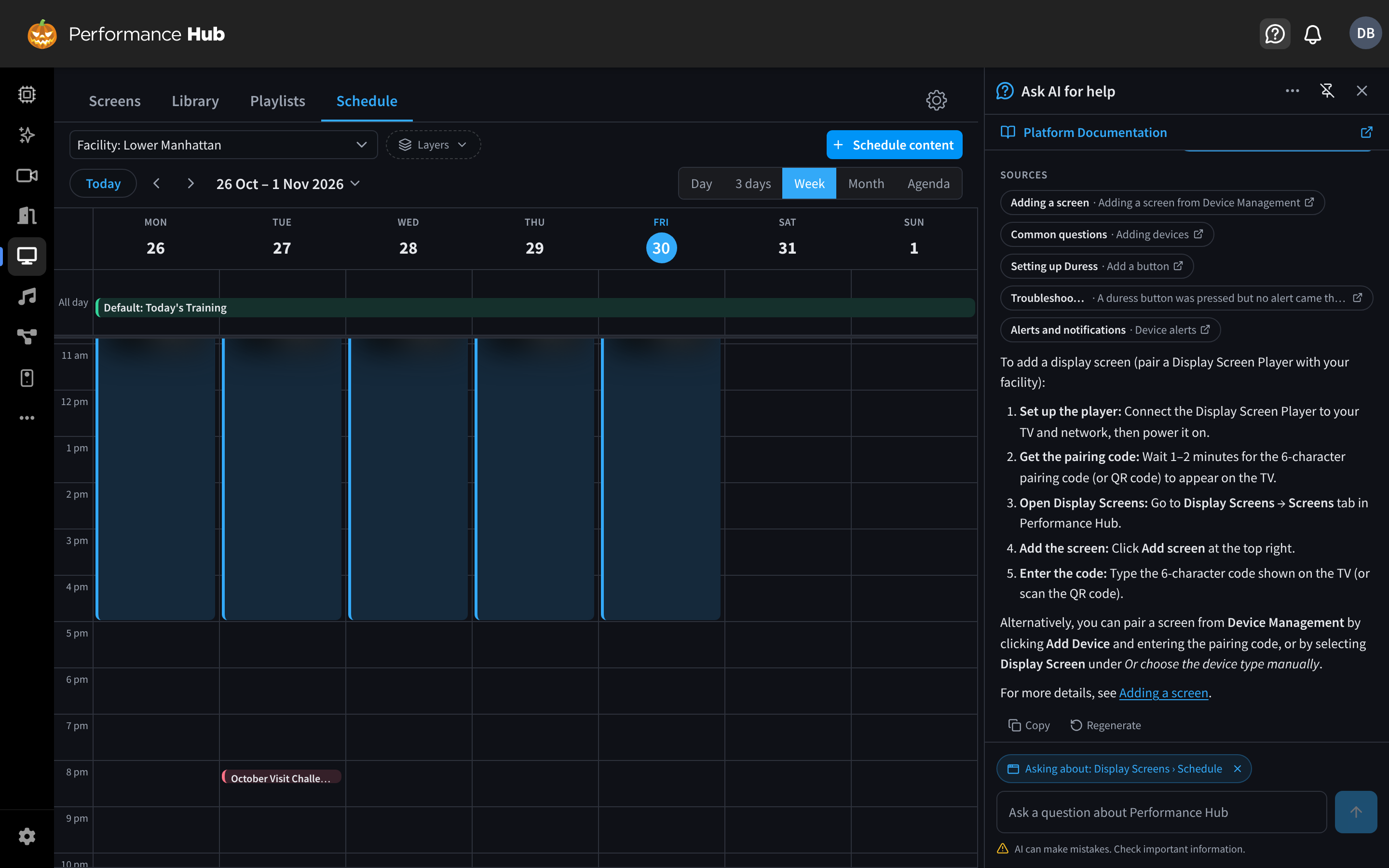 The Ask AI for help panel pinned beside the Display Screens schedule, which has narrowed to make room