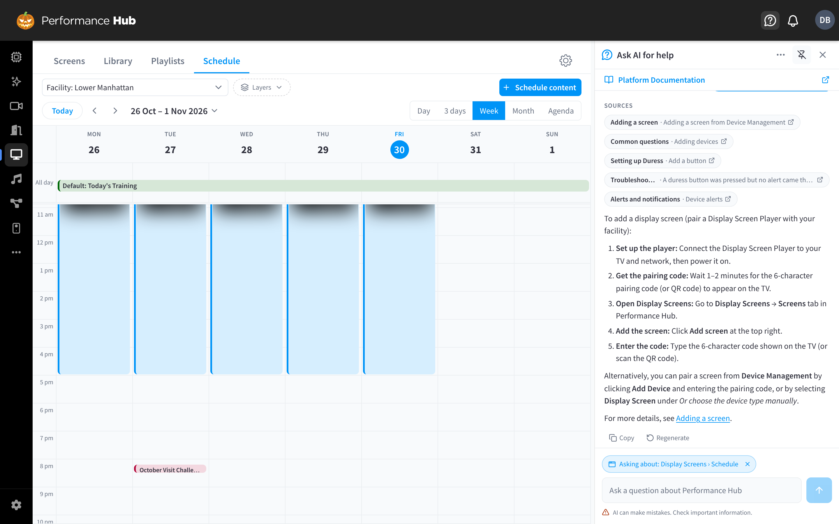 The Ask AI for help panel pinned beside the Display Screens schedule, which has narrowed to make room