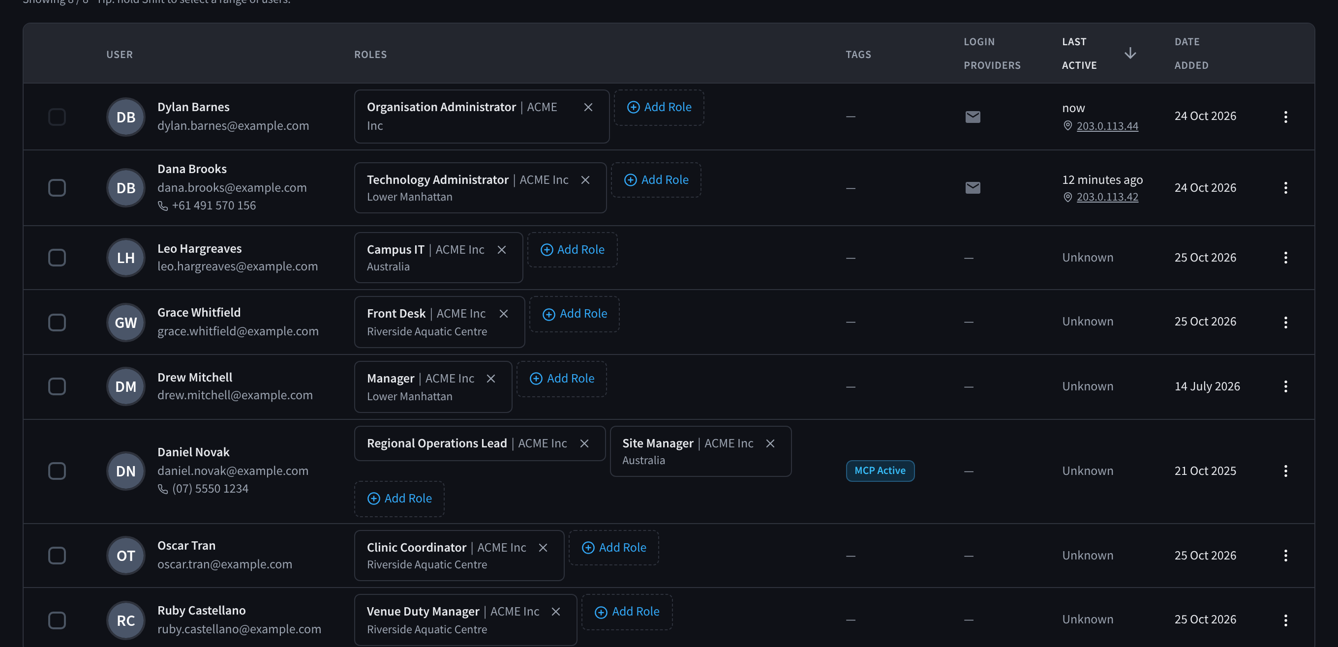 The User Permissions tab, listing users with their roles, tags, login providers, last active time and date added